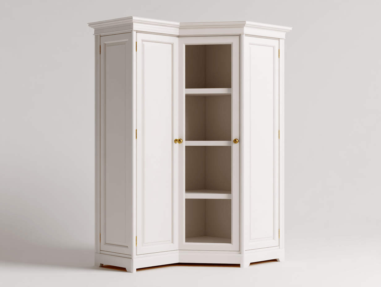 Szafa narożna otwarta 100×100×210 cm – biała – z półkami – styl francuski klasyczny – uchwyty złote-Hubuna