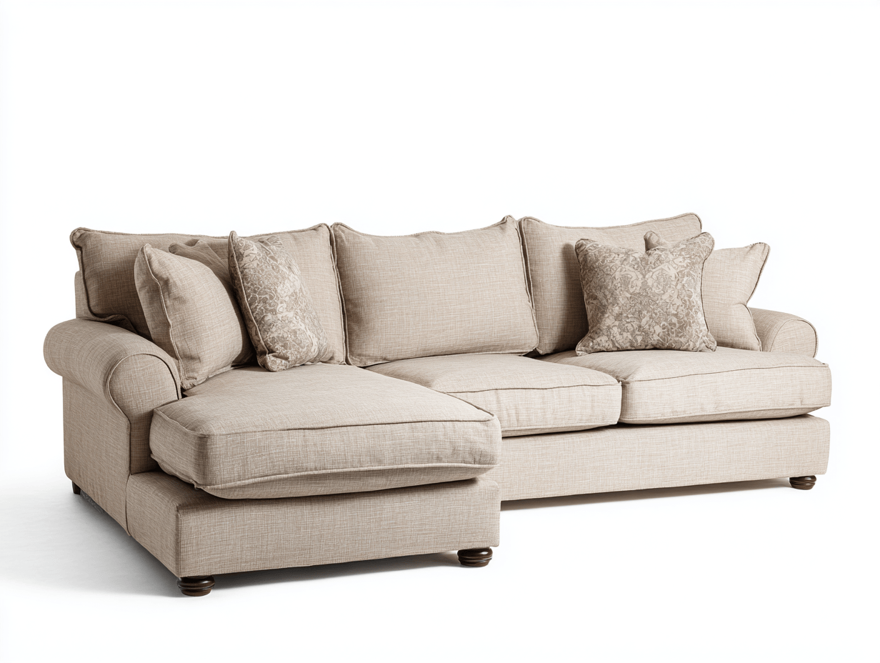 Beżowa sofa narożna z klasycznymi zaokrąglonymi podłokietnikami i ozdobnymi poduszkami – 230×160×90 cm-Hubuna