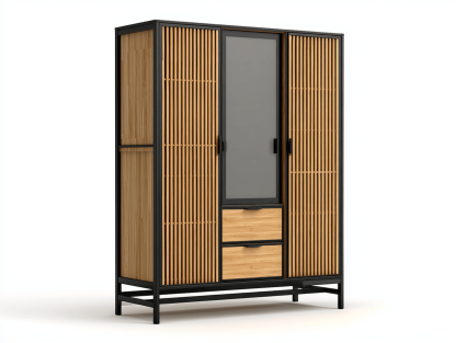 Szafa trzydrzwiowa z lustrem i dwiema szufladami 130×55×210 cm – bambus/czarny – styl japoński nowoczesny-Hubuna