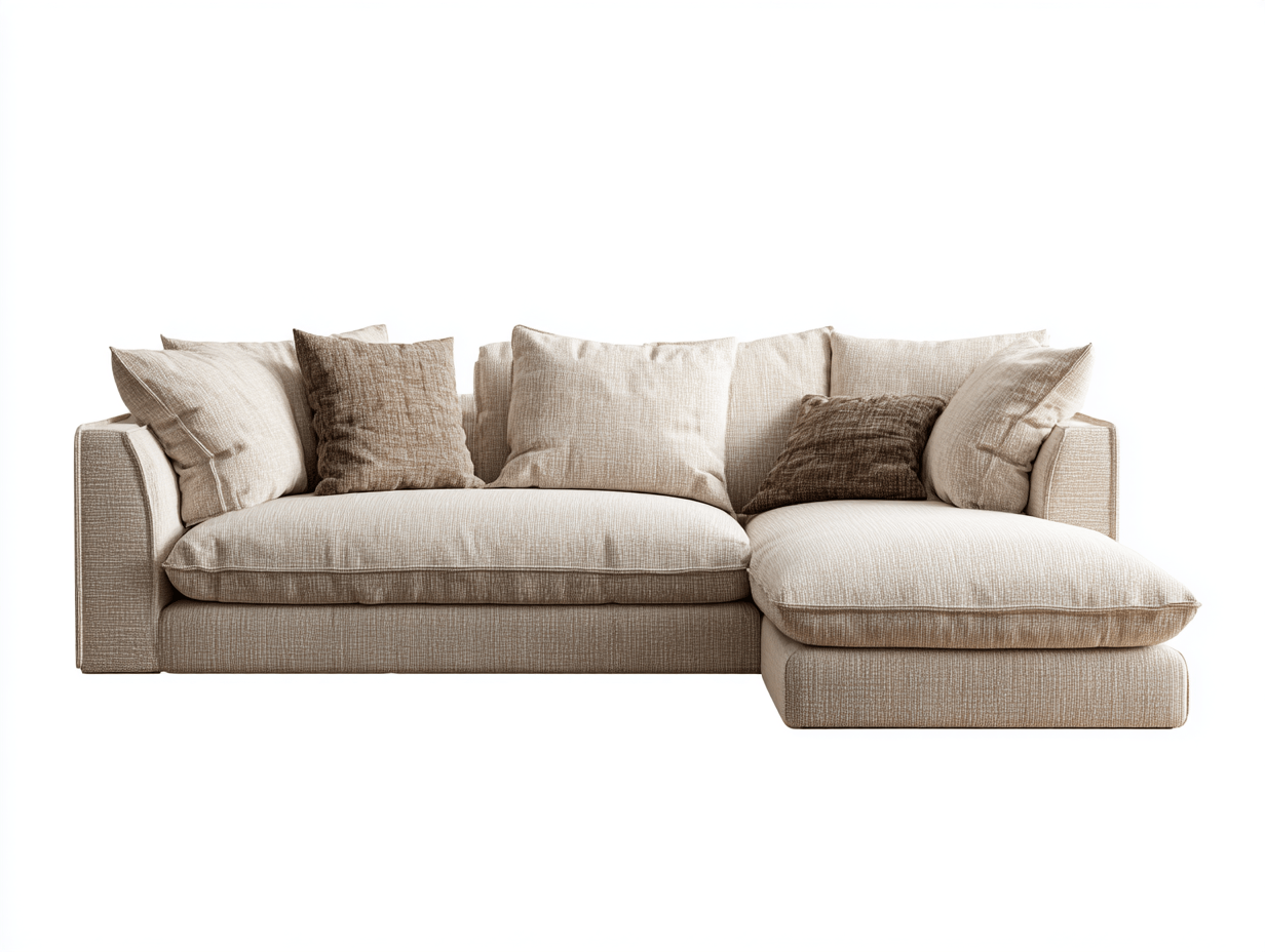Beżowa sofa narożna z szezlongiem i poduszkami dekoracyjnymi – lniana tkanina – styl L – 3-osobowa – 250×160×85 cm-Hubuna