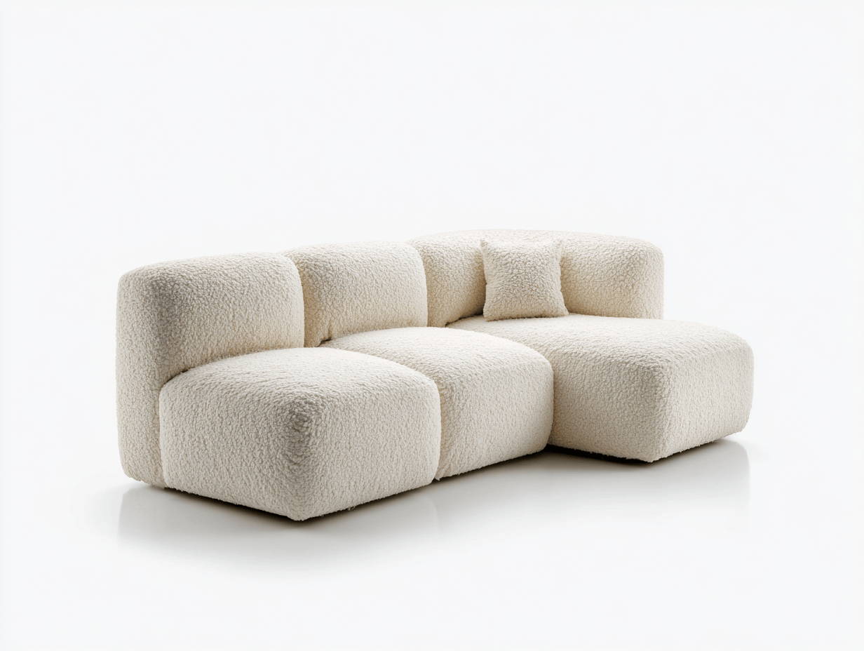 Puszysta sofa z szezlongiem – tkanina bouclé ecru – 260×160×85 cm-Hubuna