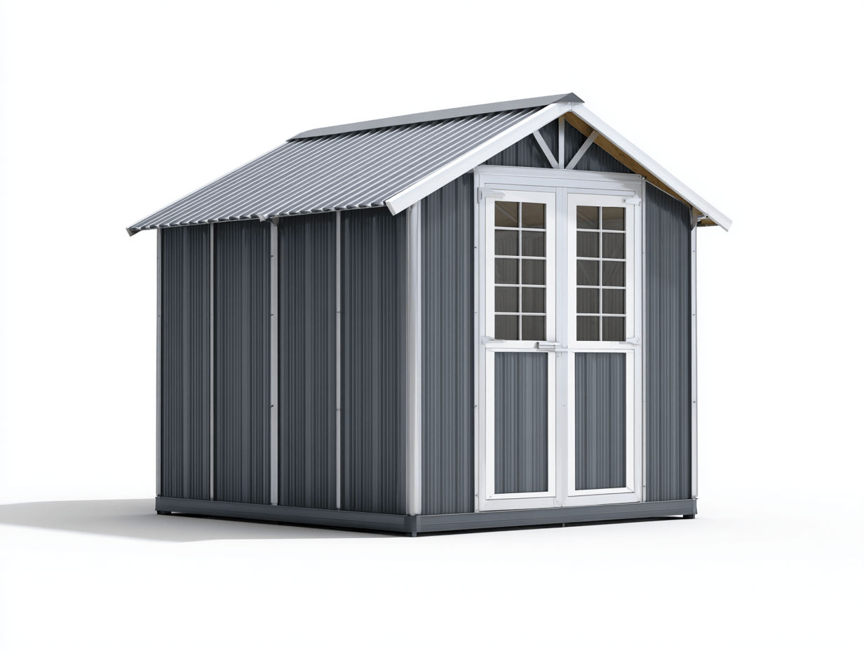 Domek ogrodowy metalowy 240x180 cm – ciemnoszary z akcentami srebrnymi – dach dwuspadowy – podwójne drzwi z przeszkleniami-Hubuna