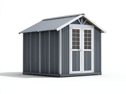 Domek ogrodowy metalowy 240x180 cm – ciemnoszary z akcentami srebrnymi – dach dwuspadowy – podwójne drzwi z przeszkleniami-Hubuna