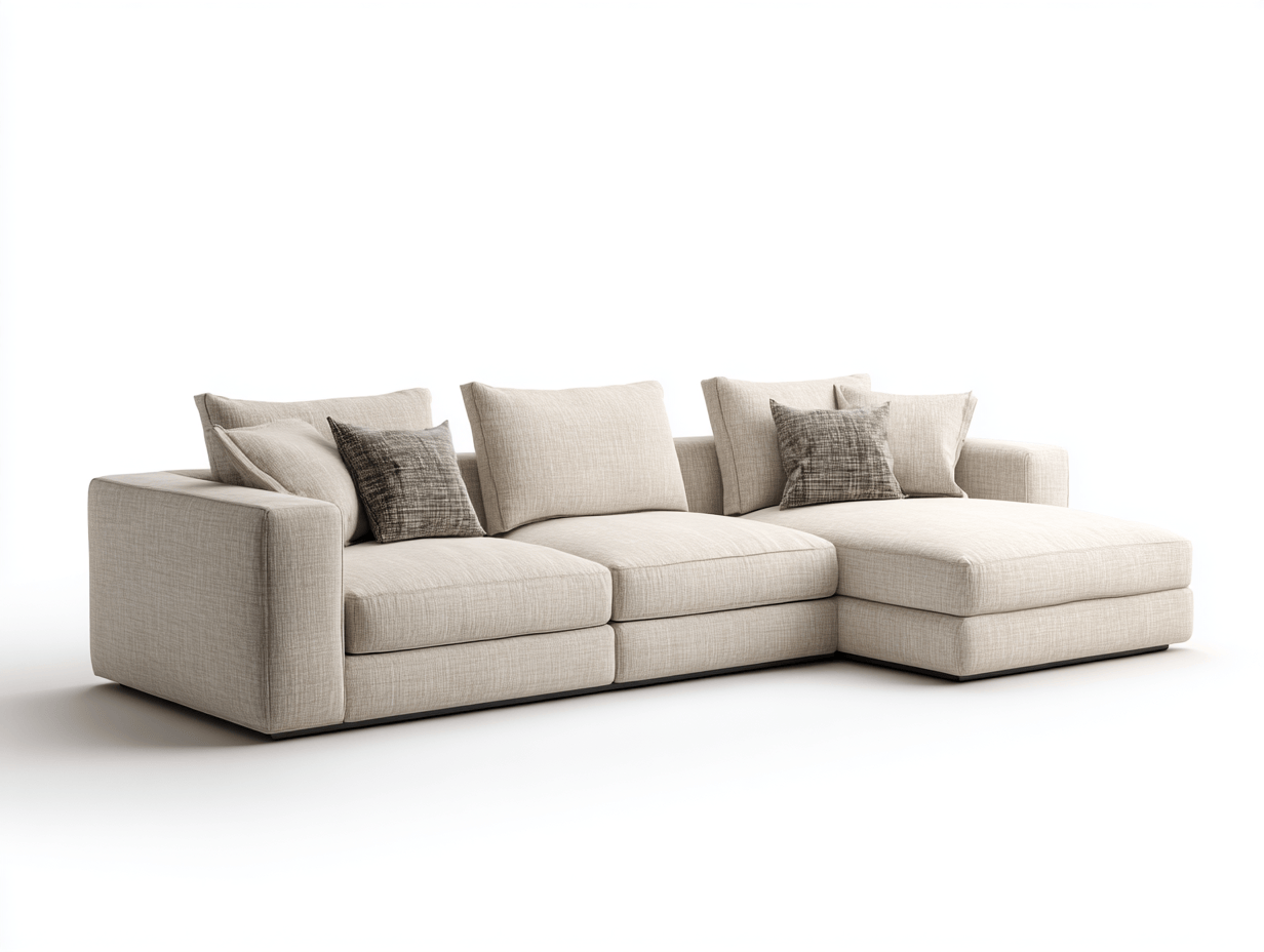 Beżowa narożna sofa z szezlongiem i poduszkami dekoracyjnymi – lniana tkanina – 3-osobowa – 260×165×90 cm-Hubuna
