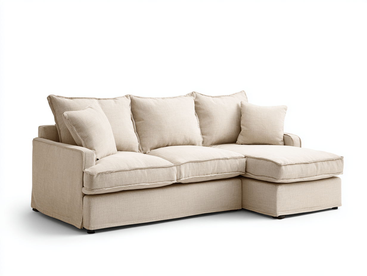 Beżowa sofa narożna z miękkimi poduszkami i głębokim siedziskiem – 225×155×85 cm-Hubuna