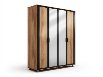 Szafa czterodrzwiowa z lustrem – dąb i czarny – industrialny styl – 200×160×55 cm-Hubuna