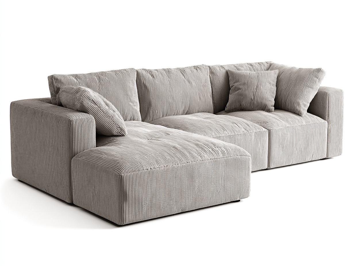 Sofa narożna czteroosobowa 310×200×85 cm – tkanina sztruksowa jasnoszara – do salonu i strefy wypoczynkowej – styl nowoczesny minimalistyczny-Hubuna