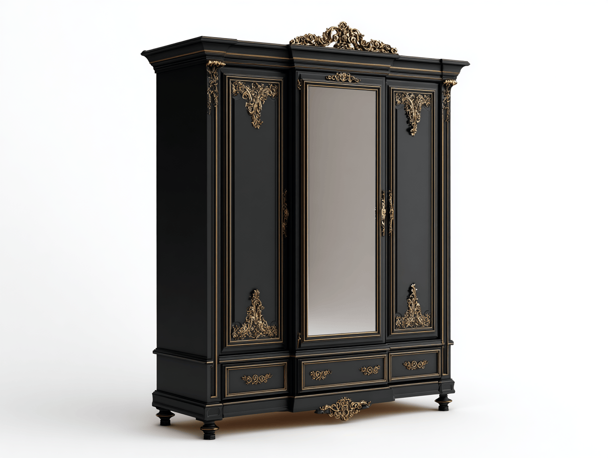 Szafa trzydrzwiowa z lustrem 200×60×220 cm – czarna – styl klasyczny z ozdobnymi detalami i szufladami-Hubuna