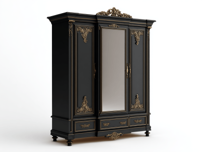 Szafa trzydrzwiowa z lustrem 200×60×220 cm – czarna – styl klasyczny z ozdobnymi detalami i szufladami-Hubuna