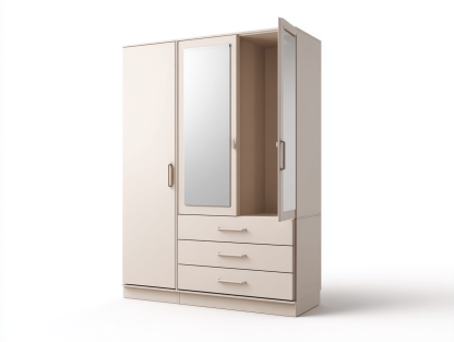 Szafa trzydrzwiowa z lustrem 130×52×200 cm – matowy kremowy – nowoczesny styl z trzema szufladami-Hubuna