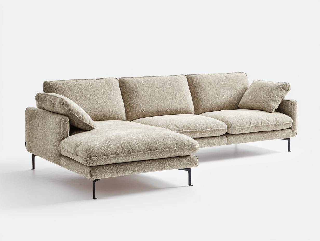 Nowoczesna sofa tapicerowana z szezlongiem i cienkimi nóżkami – beżowa – 260×160×80 cm-Hubuna