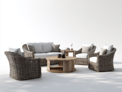 Zestaw mebli ogrodowych z technorattanu 6 elementów – szary z naturalnym drewnem – z sofą 3-osobową i fotelami z poduszkami-Hubuna