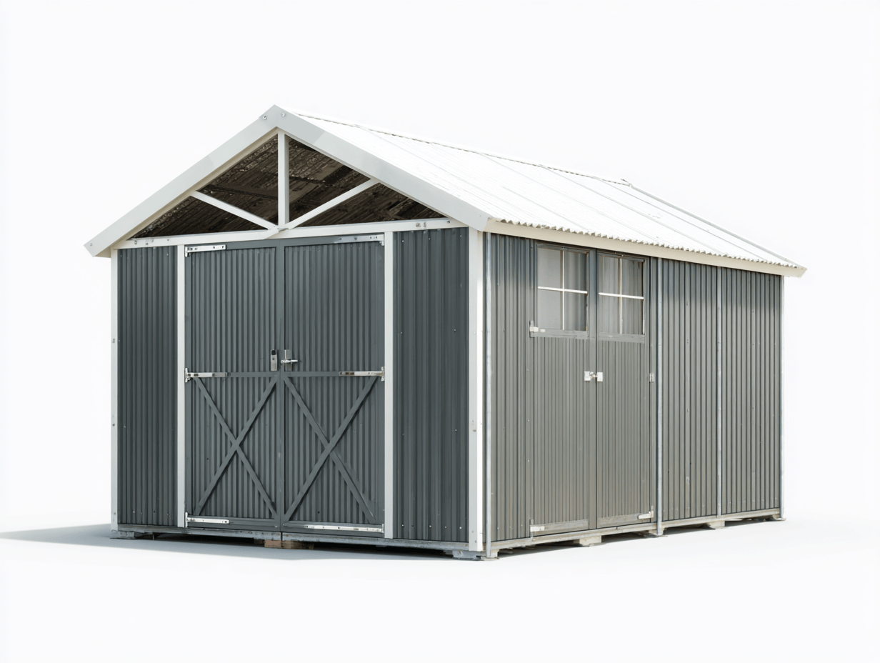 Domek ogrodowy metalowy 300×200×230 cm – szary ciemny z białym dachem – z podwójnymi drzwiami i oknami-Hubuna