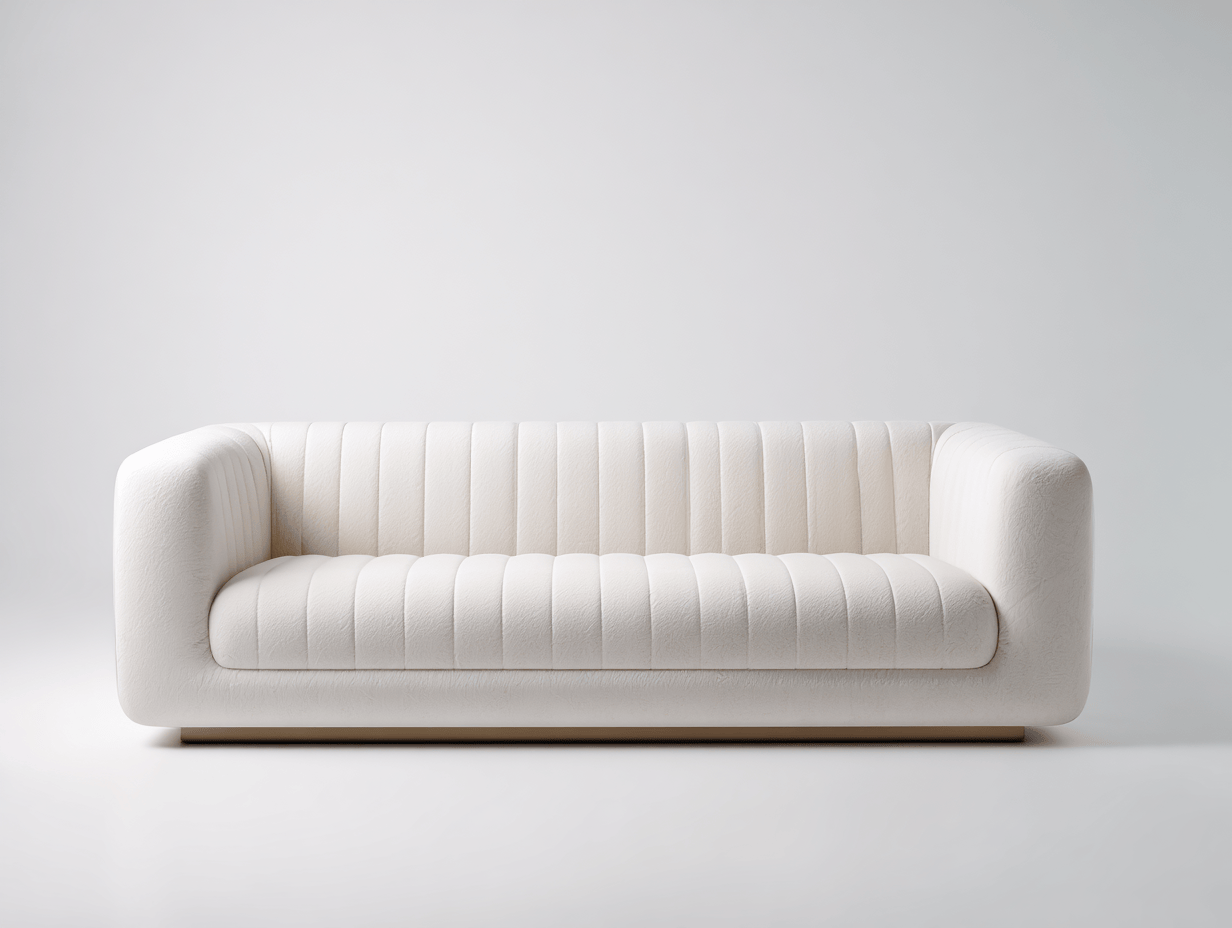 Biała sofa dwuosobowa – welurowe obicie – poziome przeszycia – zaokrąglona forma – 190×90×75 cm-Hubuna