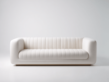 Biała sofa dwuosobowa – welurowe obicie – poziome przeszycia – zaokrąglona forma – 190×90×75 cm-Hubuna