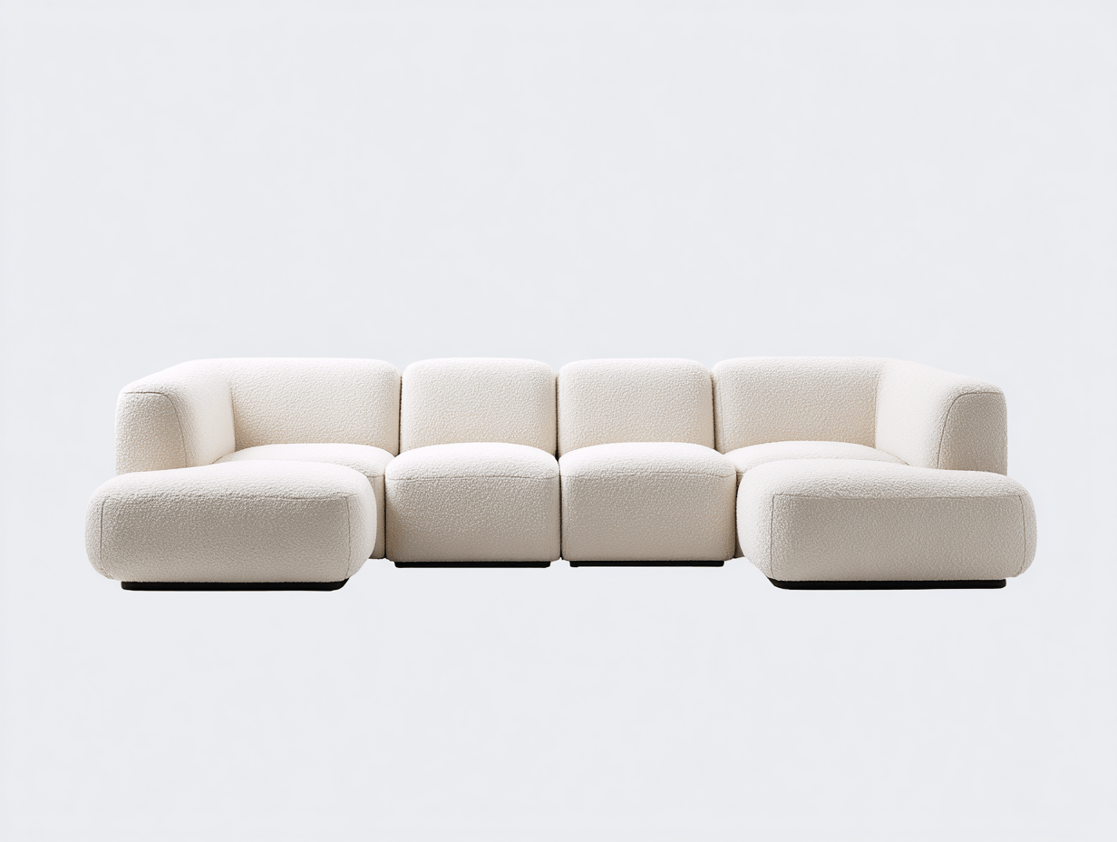 Designerska sofa modułowa z szezlongiem – boucle ecru – 300×170×75 cm-Hubuna