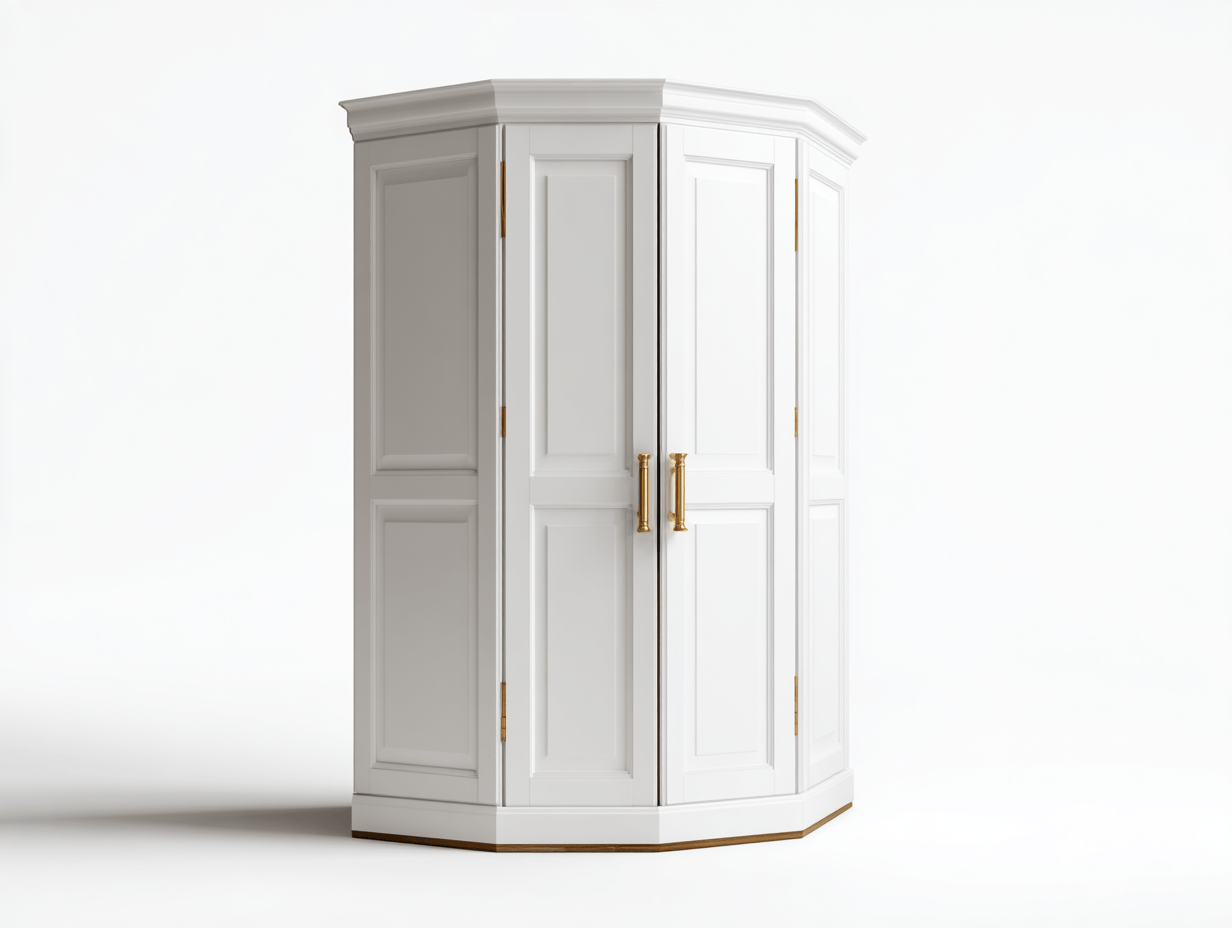 Szafa narożna 100×100×210 cm – biała – dwudrzwiowa – nowoczesne długie uchwyty złote – styl francuski klasyczny-Hubuna