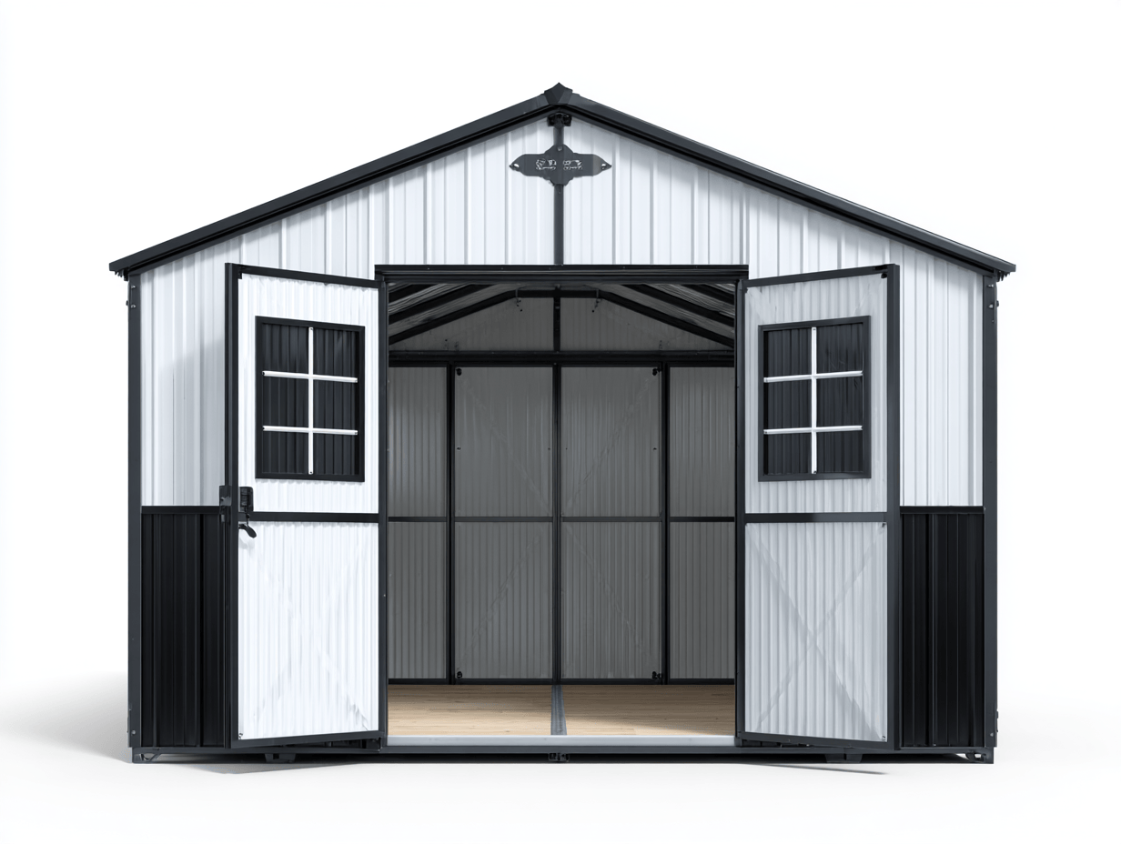 Metalowy schowek ogrodowy 183x274 cm – czarno biały – stal ocynkowana – podwójne drzwi z oknami-Hubuna