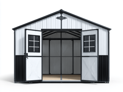 Metalowy schowek ogrodowy 183x274 cm – czarno biały – stal ocynkowana – podwójne drzwi z oknami-Hubuna