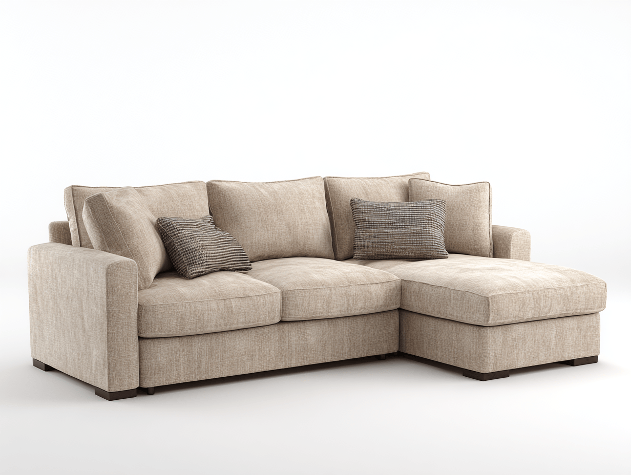 Beżowa sofa narożna z poduszkami w kontrastowym wzorze – 210×145×85 cm-Hubuna