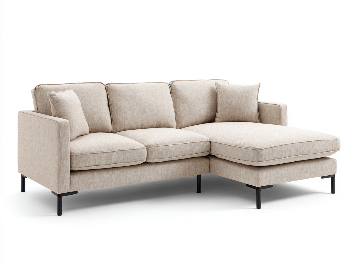 Beżowa narożna sofa z szezlongiem i metalowymi nogami – len – 210×145×85 cm-Hubuna