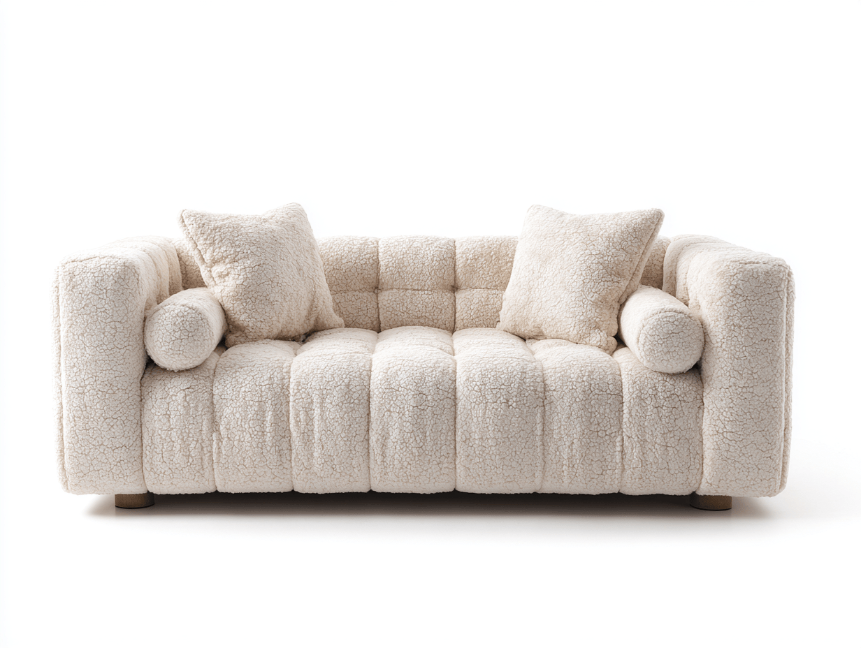 Sofa tapicerowana 195×90×78 cm – kremowa – z tkaniny baranek z poduszkami dekoracyjnymi-Hubuna