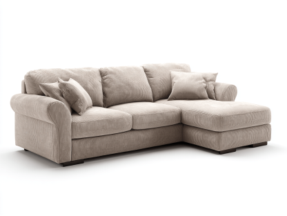 Sofa narożna z beżowego sztruksu z poduszkami – klasyczny styl – 280×175×80 cm-Hubuna