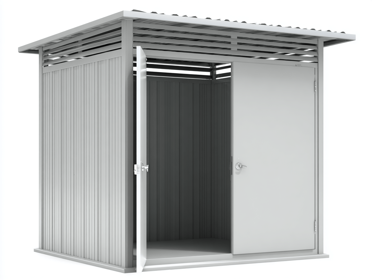 Metalowy schowek ogrodowy 240x180 cm – jasnoszary – nowoczesny design z otwartą wentylacją i płaskim dachem-Hubuna