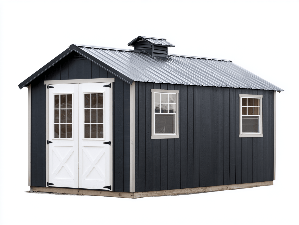 Domek ogrodowy drewnopodobny 300x200 cm – czarny z białymi akcentami – podwójne drzwi z przeszkleniami – dach dwuspadowy z wieżyczką wentylacyjną-Hubuna