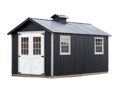 Domek ogrodowy drewnopodobny 300x200 cm – czarny z białymi akcentami – podwójne drzwi z przeszkleniami – dach dwuspadowy z wieżyczką wentylacyjną-Hubuna