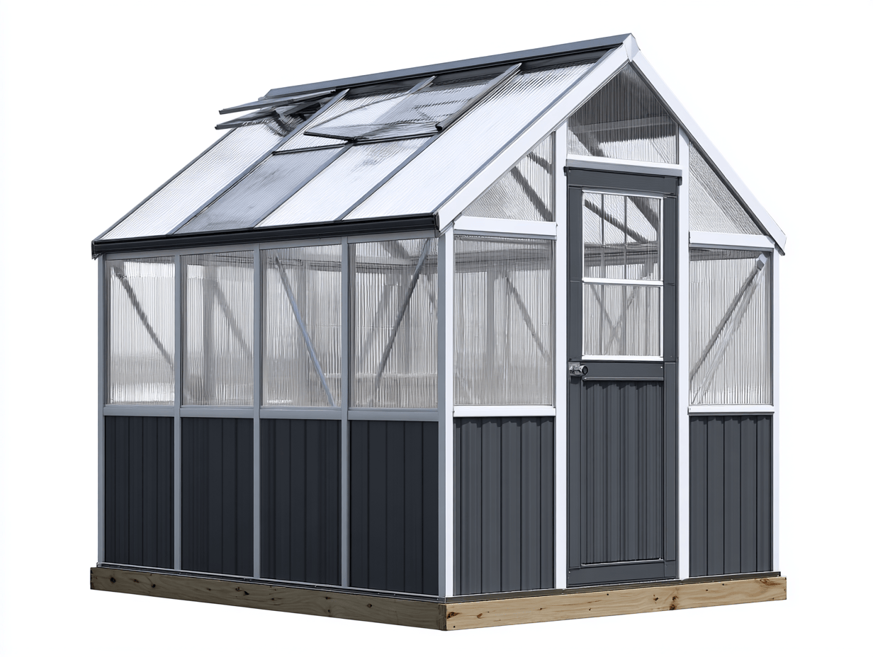 Szklarnia ogrodowa 240x180 cm – metalowy stelaż srebrno-ciemnoszary z drewnianym cokołem – panele PC przezroczyste – dach z oknem uchylnym-Hubuna