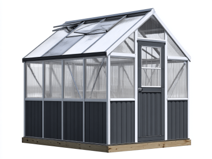 Szklarnia ogrodowa 240x180 cm – metalowy stelaż srebrno-ciemnoszary z drewnianym cokołem – panele PC przezroczyste – dach z oknem uchylnym-Hubuna