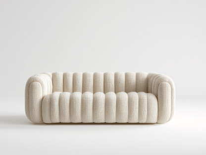 Kremowa sofa dwuosobowa – tkanina boucle – poziome pikowanie – styl zaokrąglony – 180×85×76 cm-Hubuna