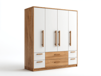 Szafa czterodrzwiowa z 6 szufladami – biało-dębowa – 200×160×58 cm – nowoczesny styl z długimi uchwytami-Hubuna