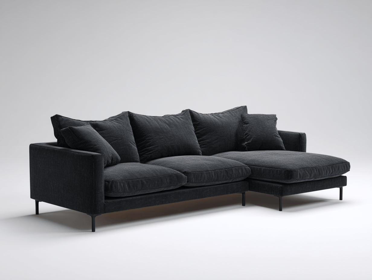 Sofa trzyosobowa z szezlongiem 270×160×85 cm – tkanina czarna – do salonu i strefy wypoczynkowej – styl nowoczesny minimalistyczny-Hubuna