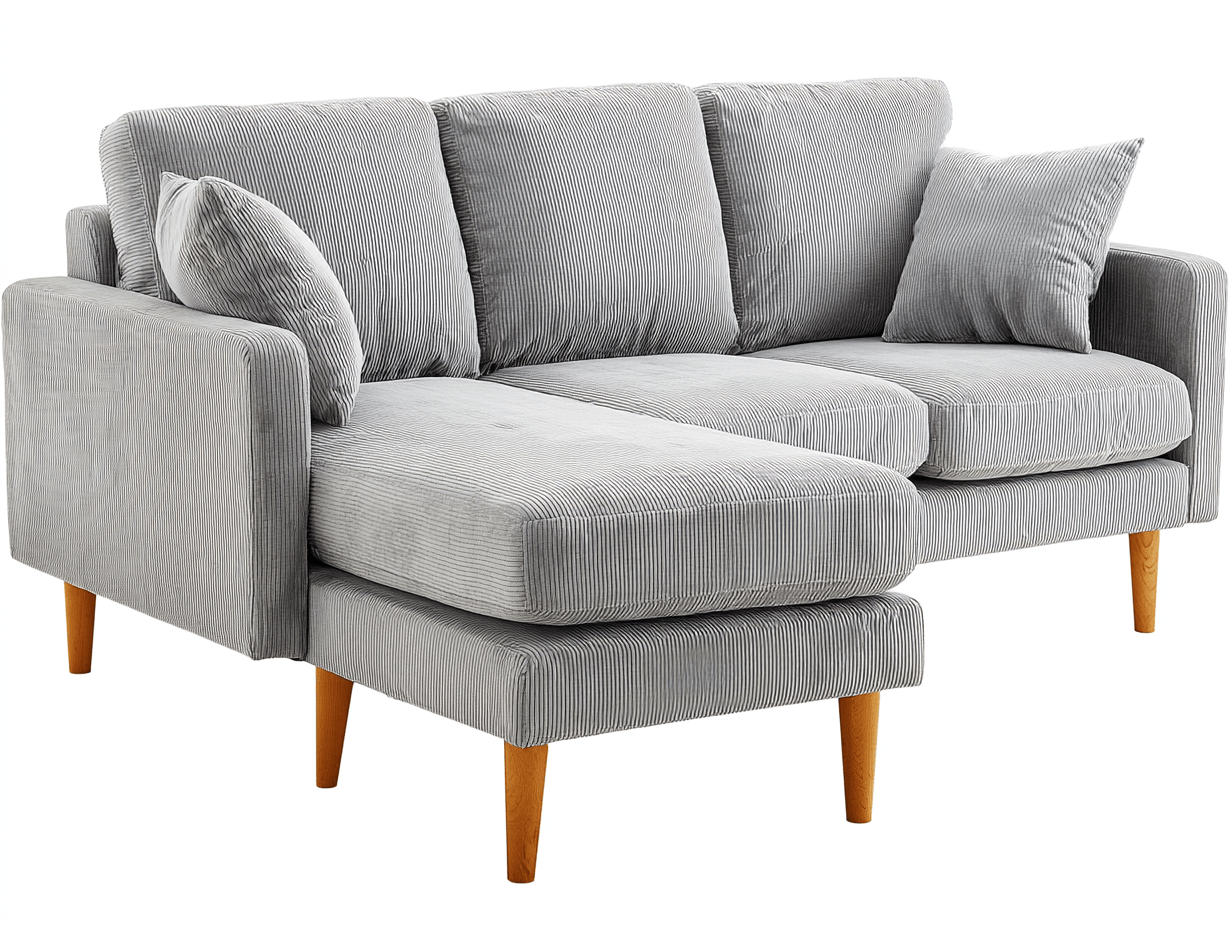 Sofa trzyosobowa z szezlongiem 250×155×85 cm – tkanina sztruksowa jasnoszara – do salonu i strefy wypoczynkowej – styl skandynawski nowoczesny-Hubuna