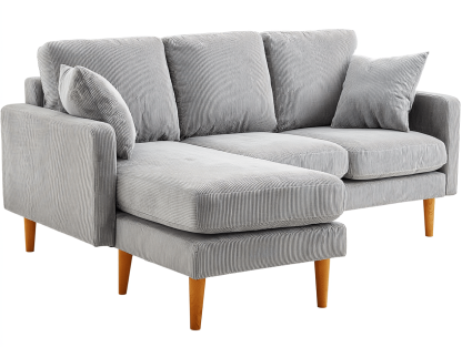 Sofa trzyosobowa z szezlongiem 250×155×85 cm – tkanina sztruksowa jasnoszara – do salonu i strefy wypoczynkowej – styl skandynawski nowoczesny-Hubuna