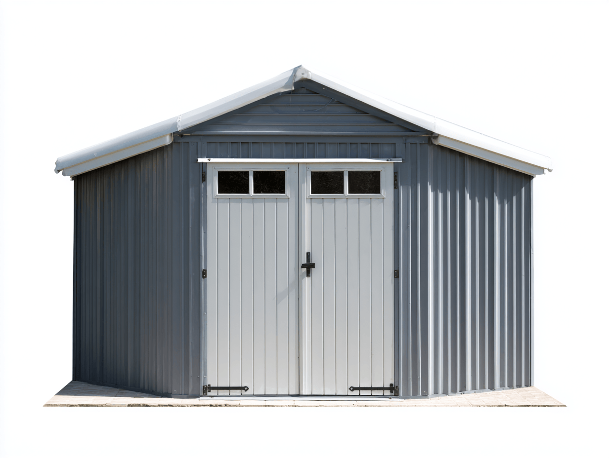 Domek ogrodowy metalowy 300×200×210 cm – szaro-biały – z przeszklonymi drzwiami i spadzistym dachem-Hubuna