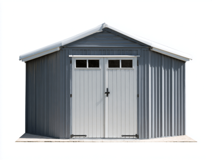 Domek ogrodowy metalowy 300×200×210 cm – szaro-biały – z przeszklonymi drzwiami i spadzistym dachem-Hubuna