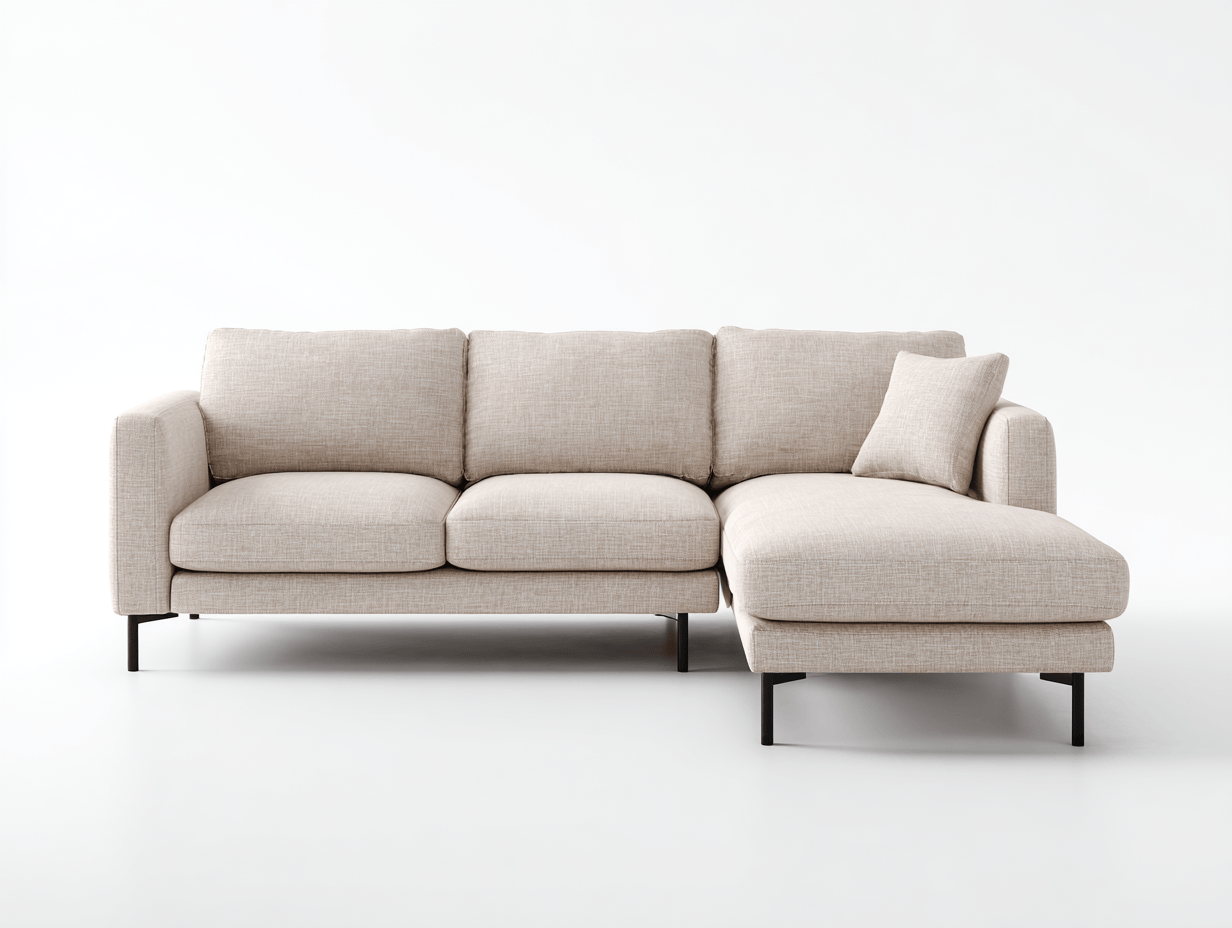 Beżowa narożna sofa z szezlongiem – len – metalowe nogi – 230×150×85 cm-Hubuna