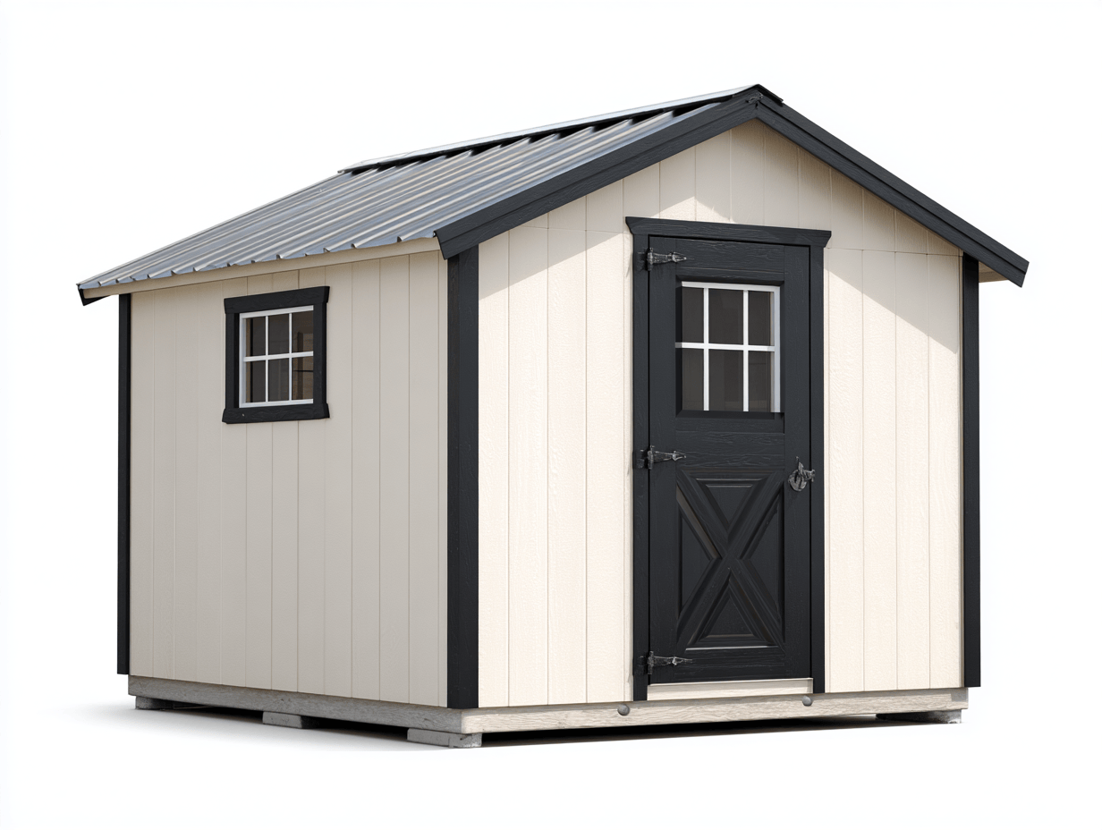 Metalowy domek ogrodowy 240x180 cm – kremowo-czarny – pojedyncze drzwi przeszklone + boczne okno – dach dwuspadowy-Hubuna