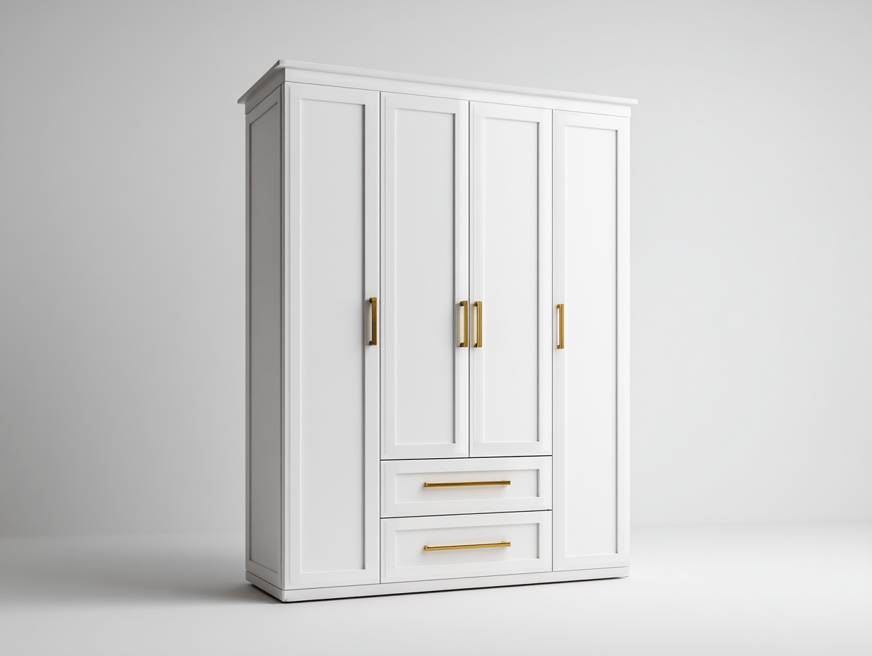 Szafa czterodrzwiowa z dwiema szufladami 160×60×215 cm – płyta MDF biała – do przechowywania ubrań – styl nowoczesny minimalistyczny-Hubuna