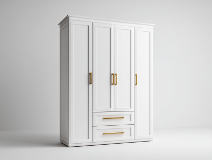 Szafa czterodrzwiowa z dwiema szufladami 160×60×215 cm – płyta MDF biała – do przechowywania ubrań – styl nowoczesny minimalistyczny-Hubuna