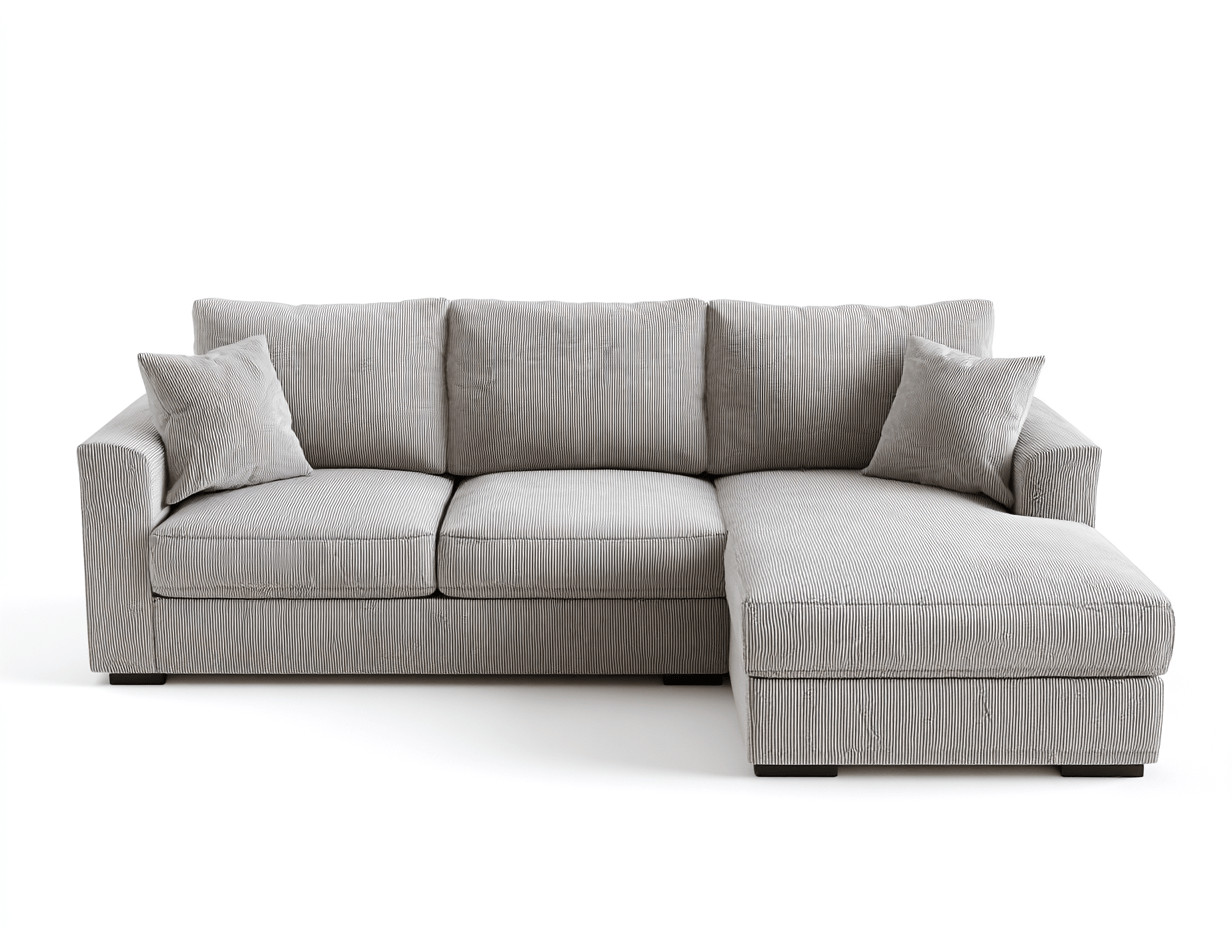 Sofa narożna z szarego sztruksu z poduszkami – styl L – 280×175×78 cm-Hubuna