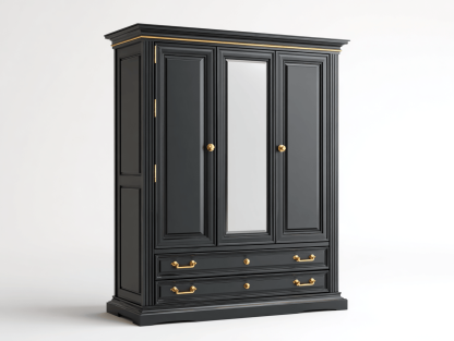 Czarna szafa z trzema drzwiami i lustrem – wykończenia złote – 200×150×60 cm-Hubuna