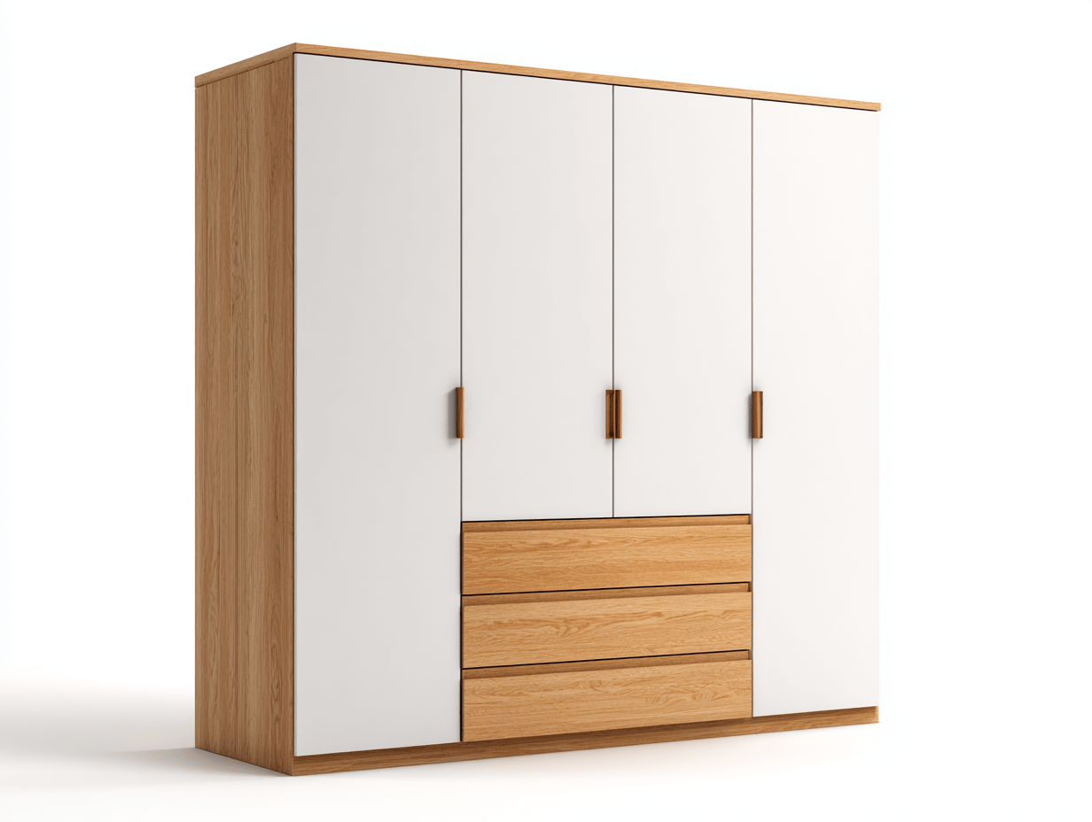 Szafa czterodrzwiowa z 3 szufladami – biało-dębowa – 185×160×55 cm – nowoczesny styl-Hubuna