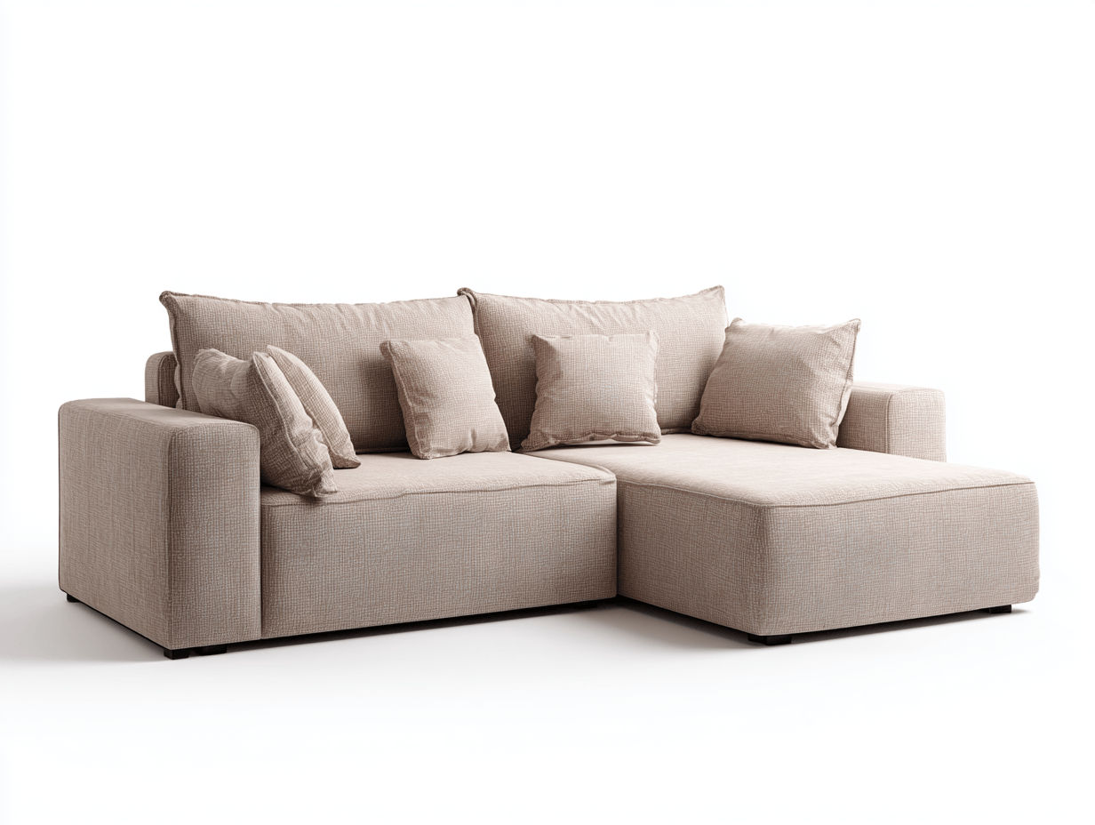 Beżowa sofa narożna o nowoczesnym, minimalistycznym kształcie i grubych poduszkach – 225×160×88 cm-Hubuna