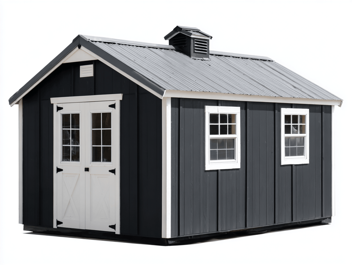 Domek ogrodowy premium 400x250 cm – czarny z białymi akcentami – podwójne drzwi z przeszkleniami – dach z wieżyczką – 2 okna boczne-Hubuna