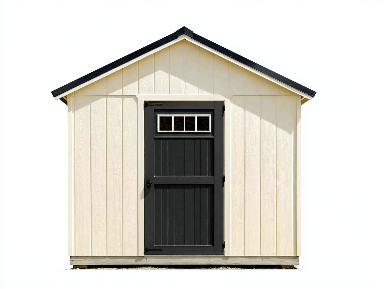 Metalowy domek ogrodowy 240x180 cm – kremowo-czarny – pojedyncze przeszklone drzwi – dach dwuspadowy-Hubuna