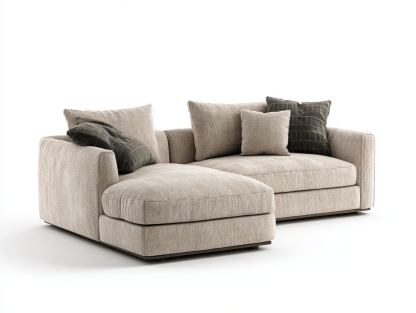 Beżowa sofa narożna z zielonymi poduszkami dekoracyjnymi – 215×150×85 cm-Hubuna